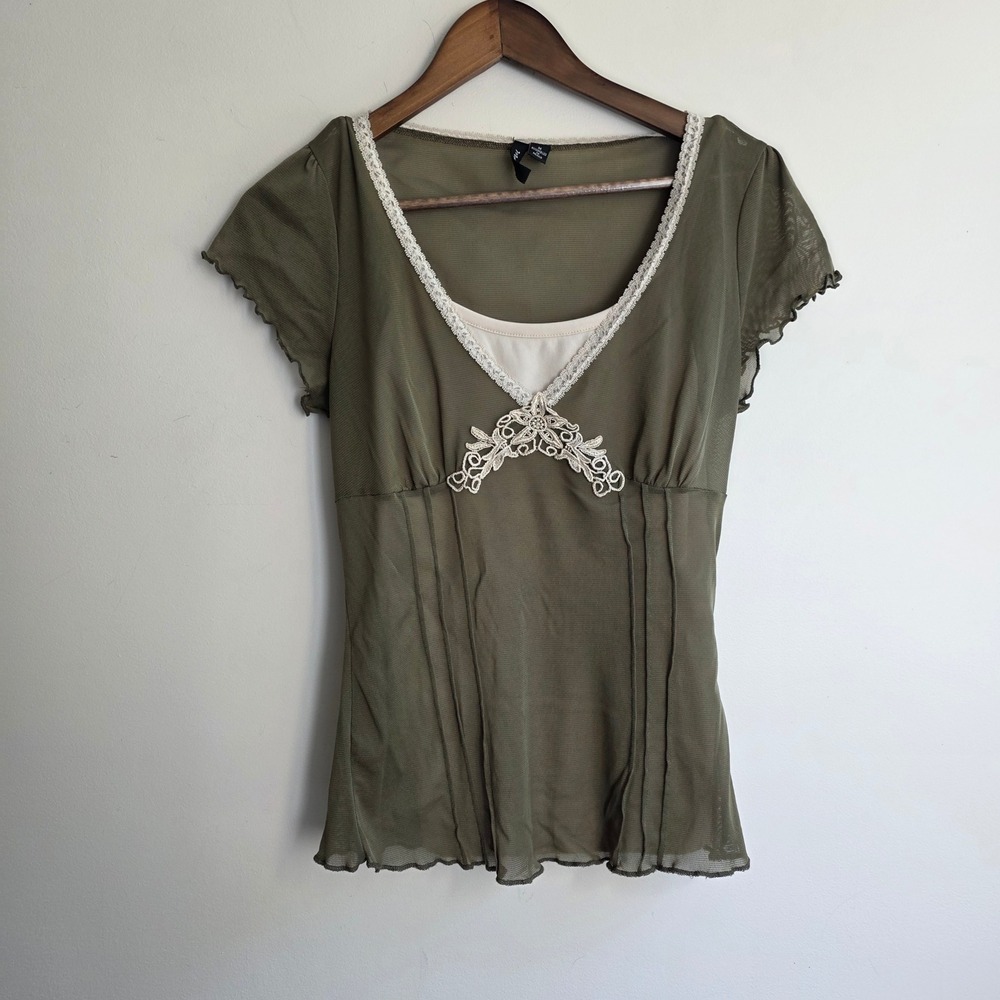 Vintage Y2K Babydoll Green Mesh Lace Trim Top Fairycore Soft Girl Feminine Med